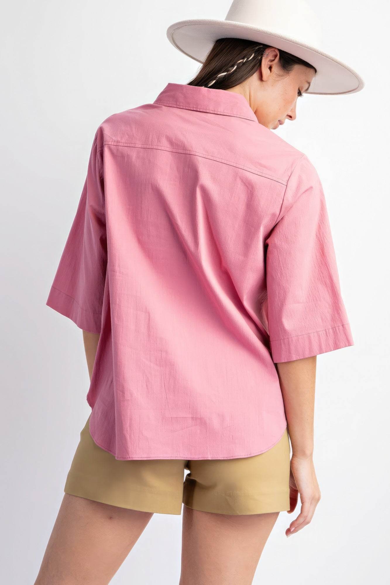 Half Slvs Stretch Poplin Button Down Shirt - Lola Diva's Boutique
