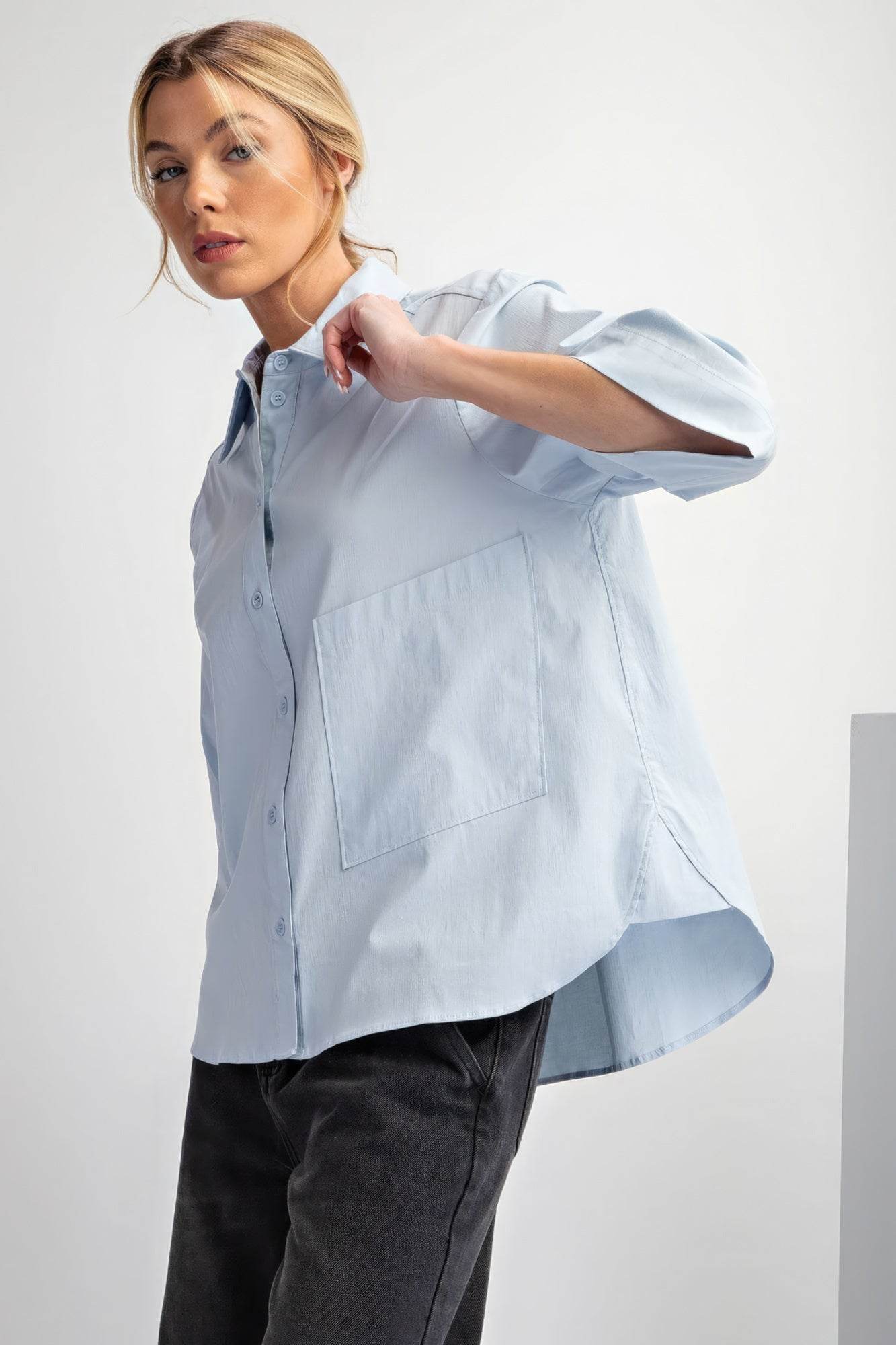 Half Slvs Stretch Poplin Button Down Shirt - Lola Diva's Boutique