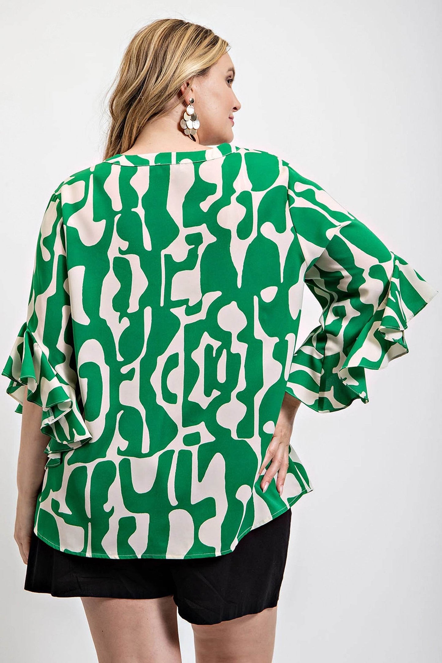 Geometric print ruffled bell sleeve woven top - Lola Diva's Boutique