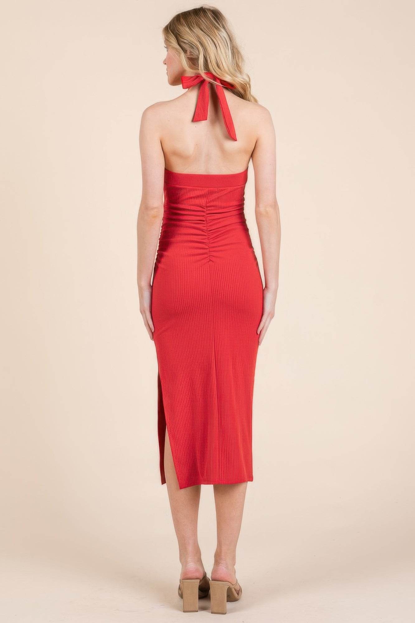 Halter Tied Criss-cross Midi Ribbed Dress - Lola Diva's Boutique