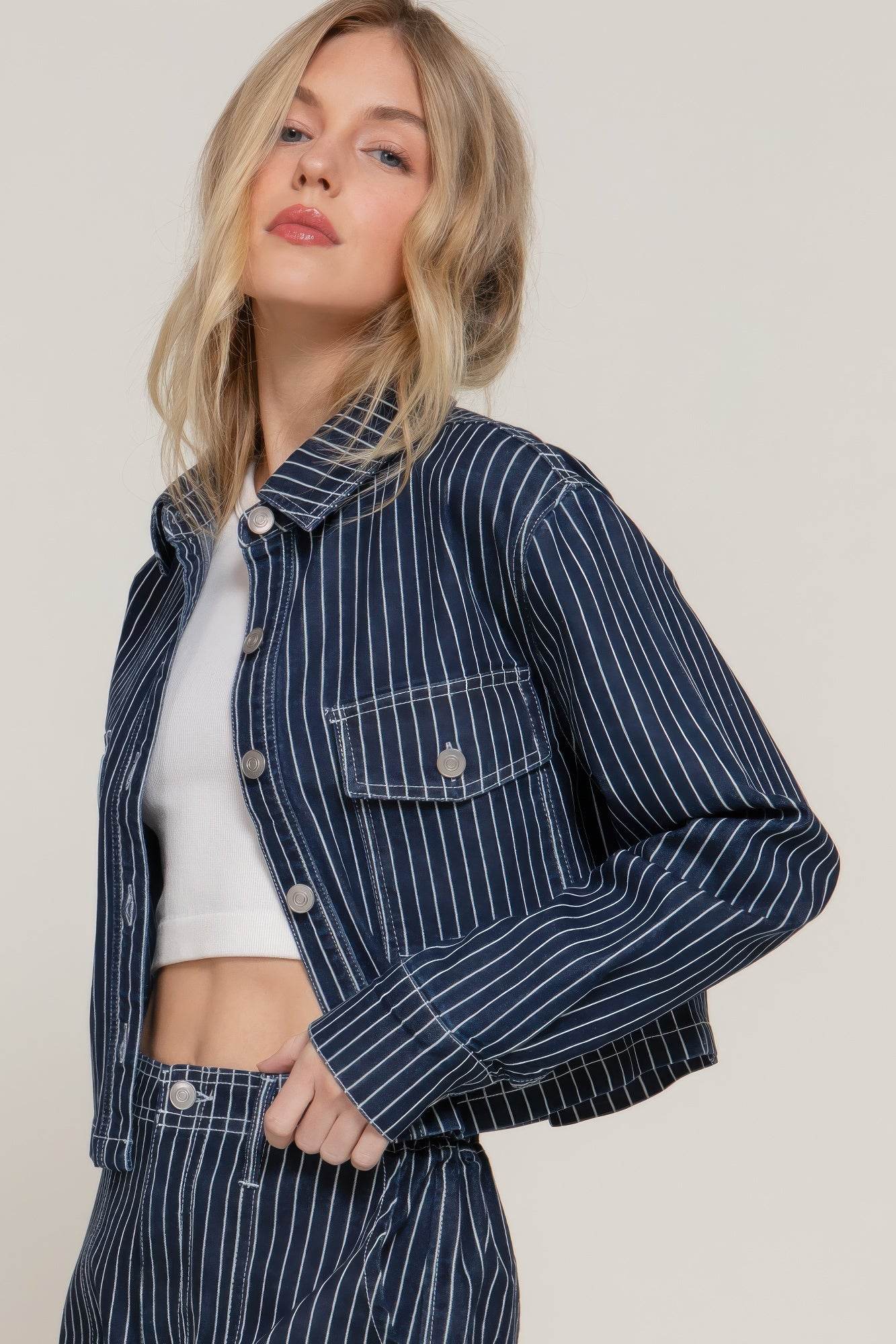 Button Down Stripe Denim Short Jacket - Lola Diva's Boutique