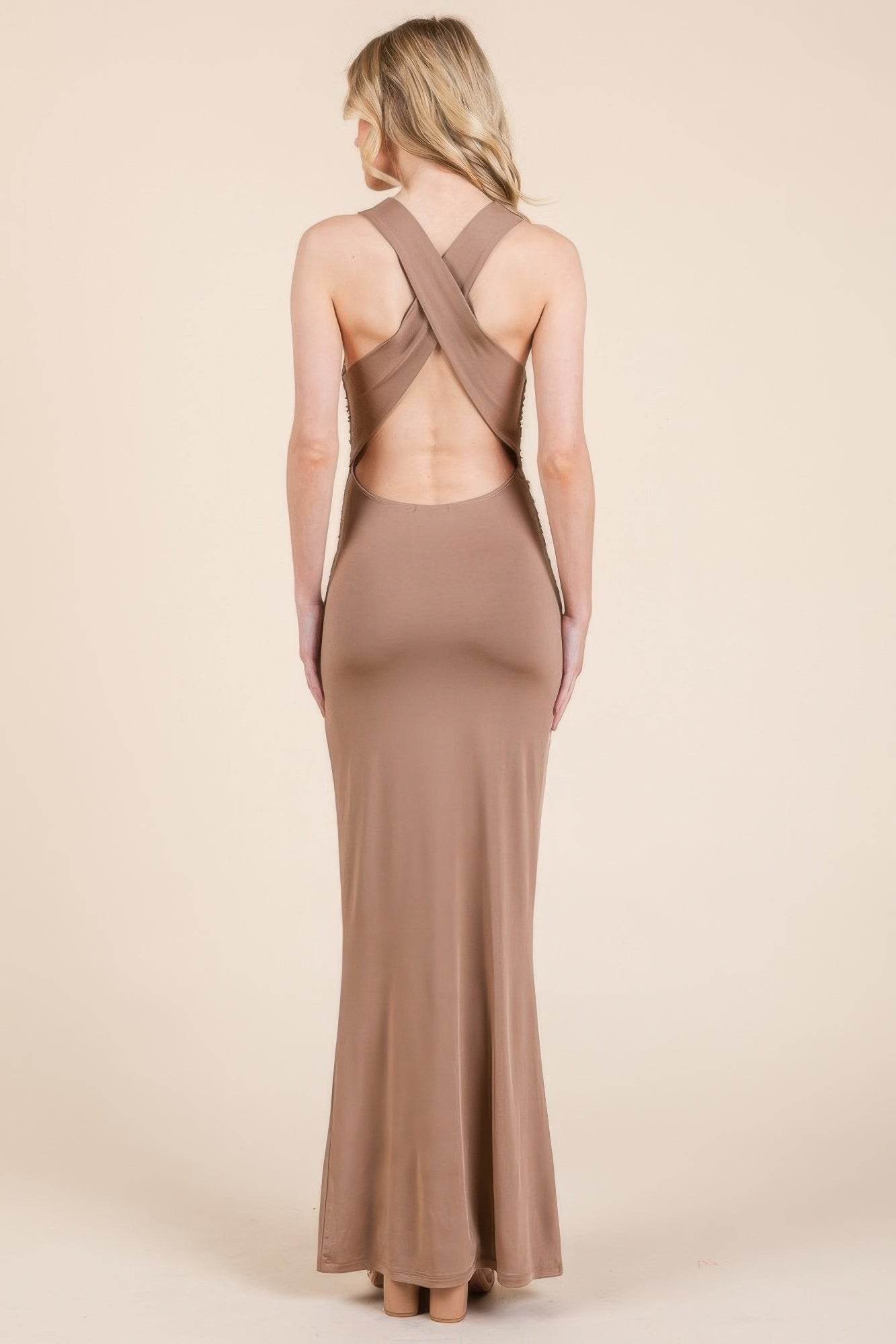 Cowl Neck Cross Back Shirring Maxi Dress - Lola Diva's Boutique