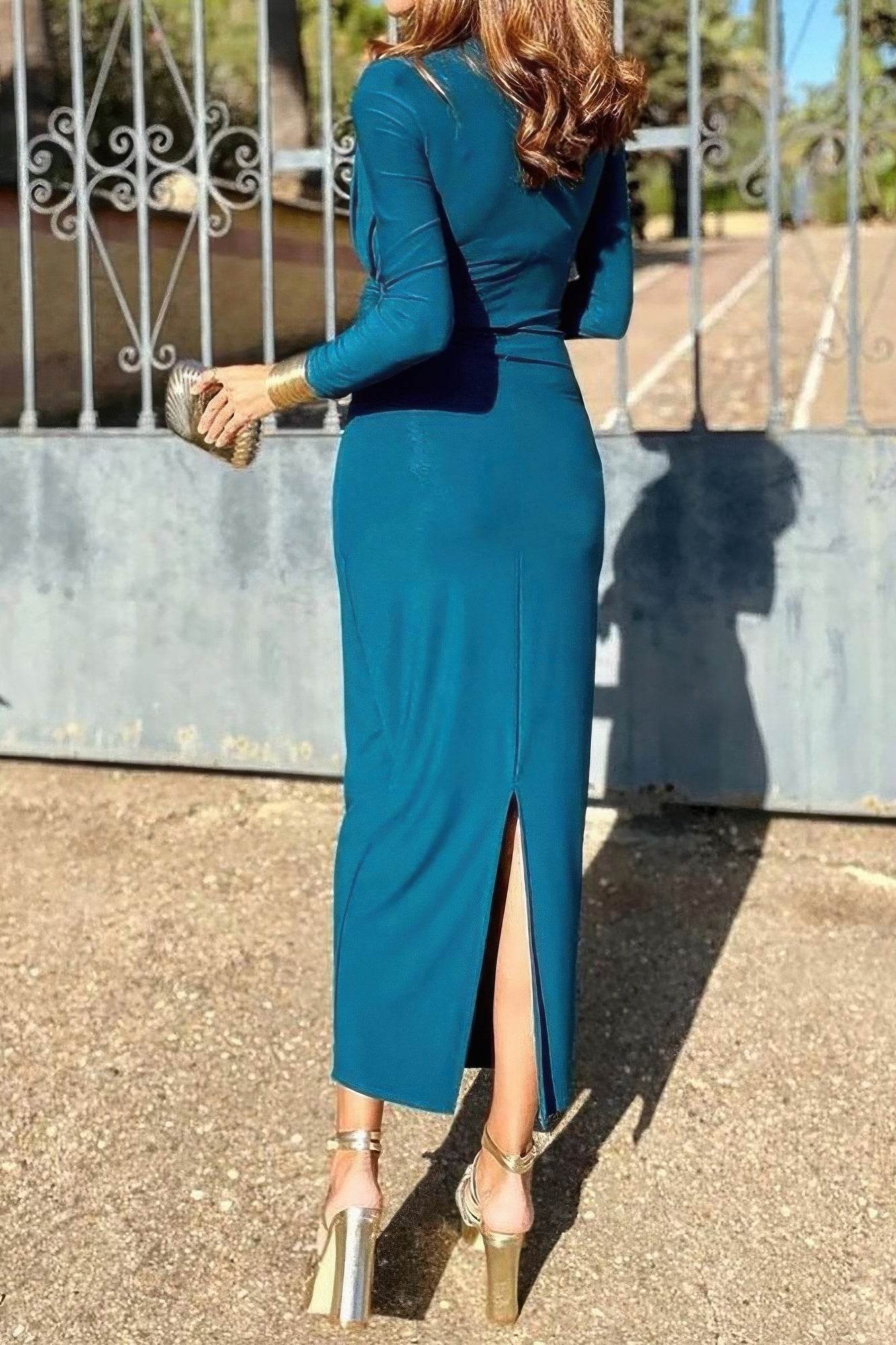 Elegant Round Neck Solid Ruched Wrap Hem Dress - Lola Diva's Boutique