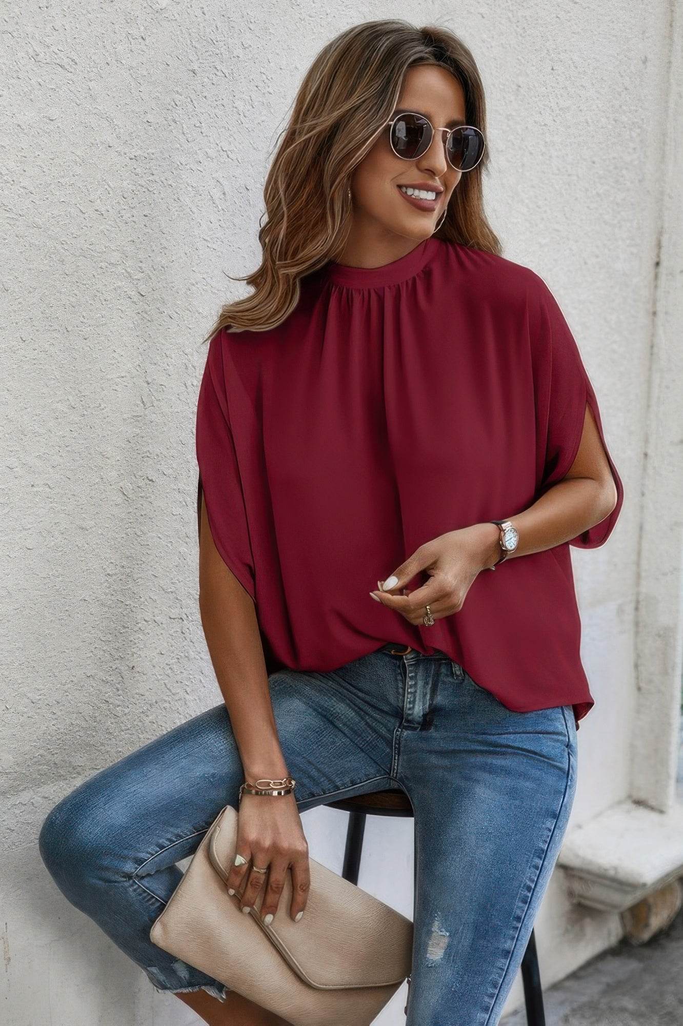 Mock Neck Batwing Sleeve Solid Loose Blouse - Lola Diva's Boutique
