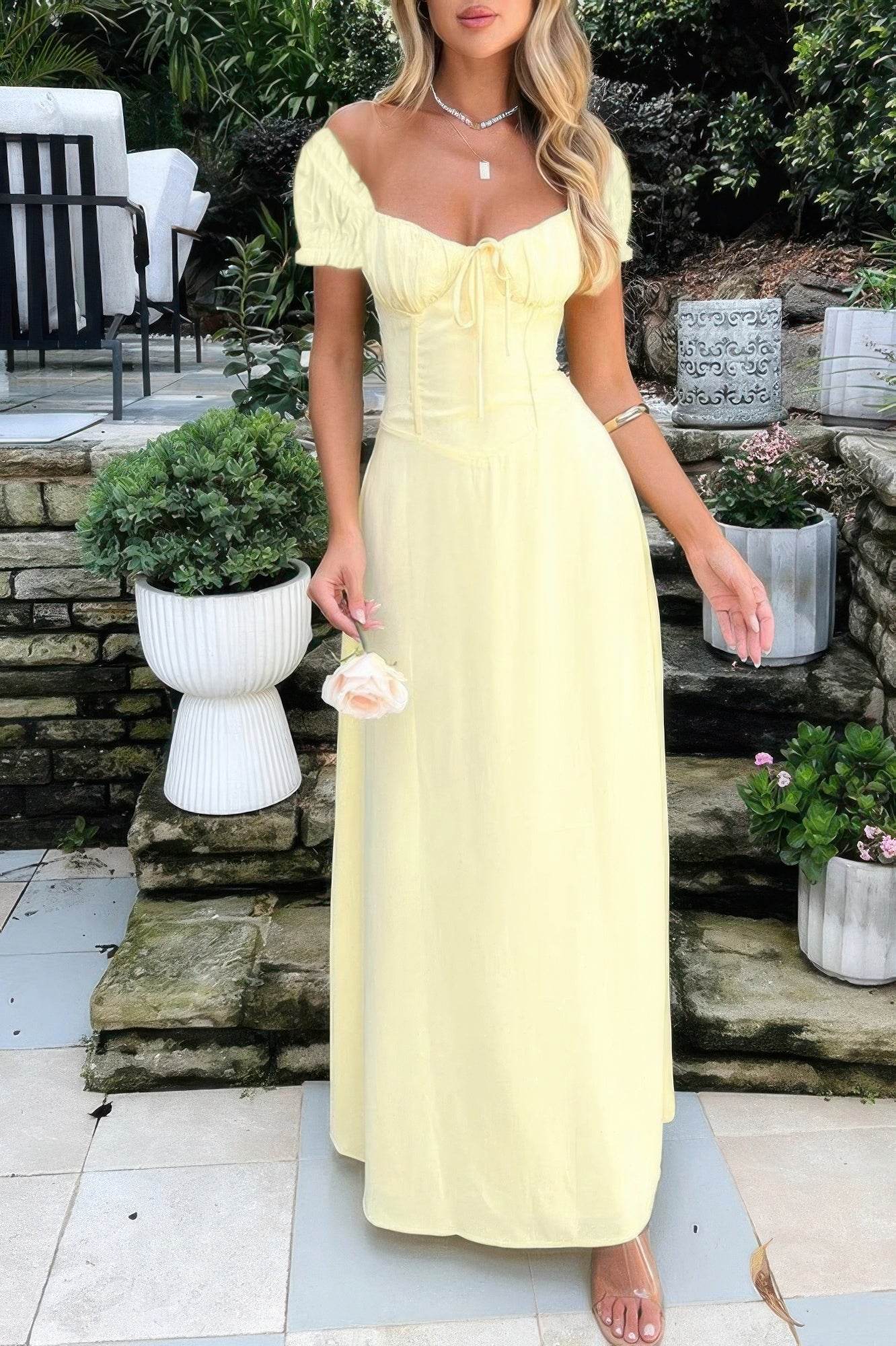 Deep Square Neck Drawstring Back Fit Dress - Lola Diva's Boutique