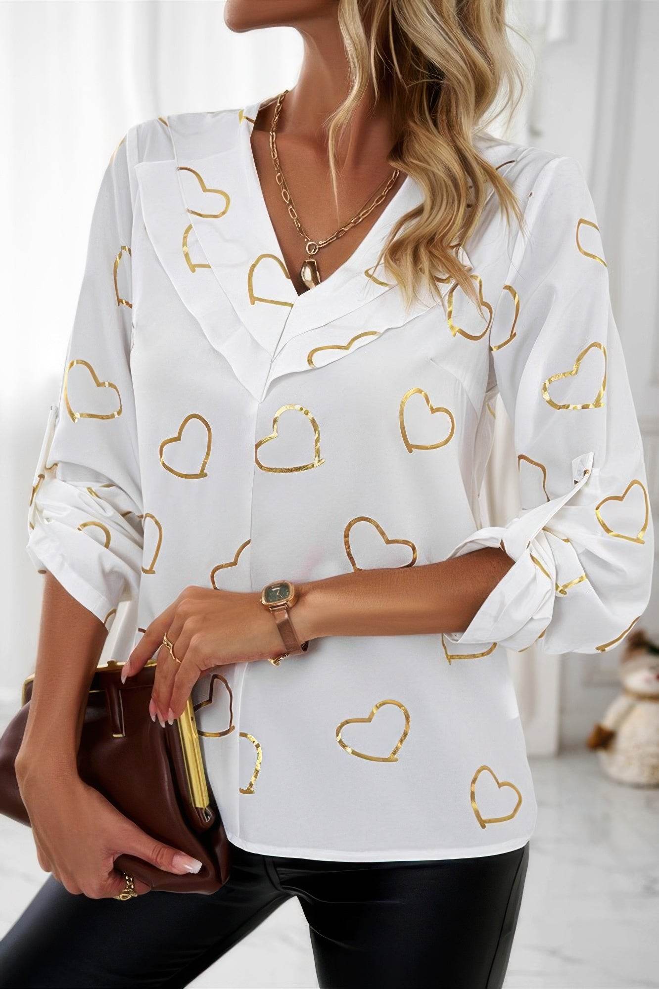 Color Black Heart Print V Neck Ruffle Loose Blouse - Lola Diva's Boutique